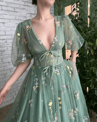 Embroidered Sage Green Prom Dresses Tulle Mesh Half Sleeves Flower Mexi Dress MyChicDress