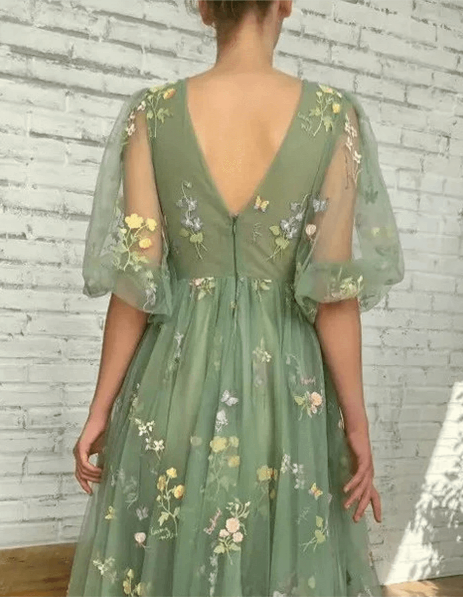 Embroidered Sage Green Prom Dresses Tulle Mesh Half Sleeves Flower Mexi Dress MyChicDress