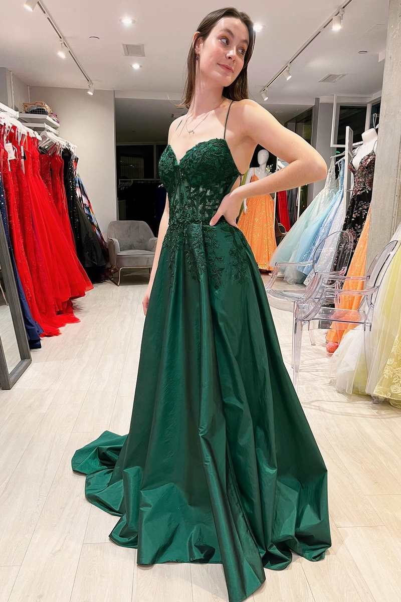 Emerald Green Prom Dresses A-Line Lace Satin Evening Dress UK Graduation Dress MyChicDress