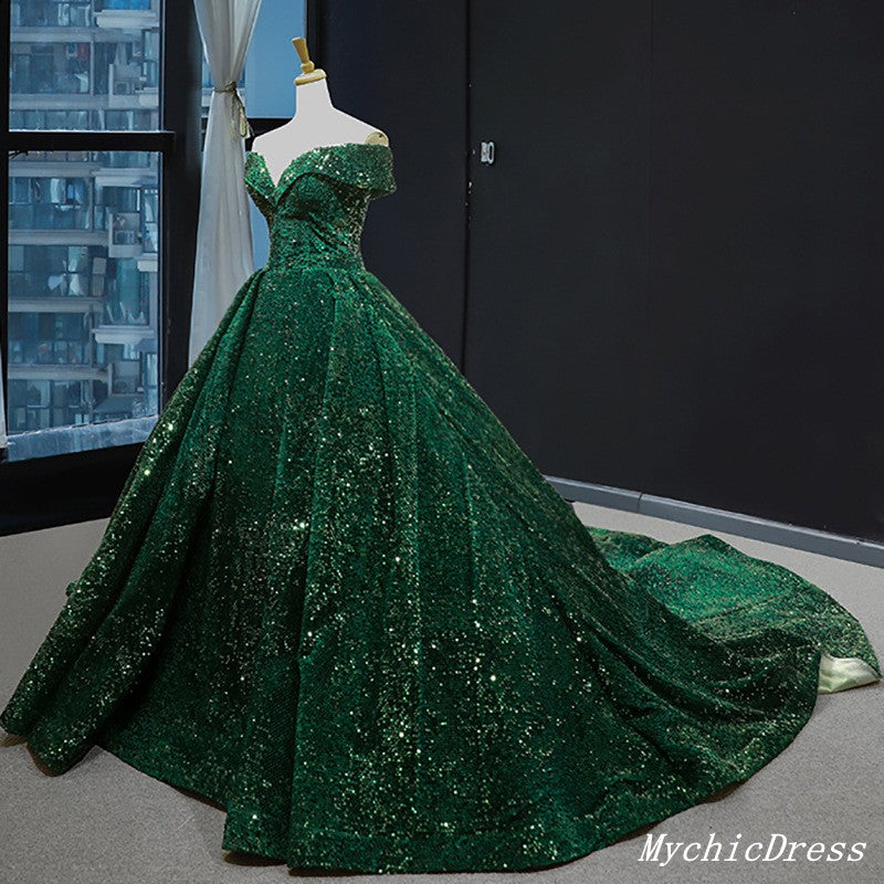 Emerald Green Quinceanera Dresses Sequin Ball Gown Off the Shoulder Wedding Dress MyChicDress