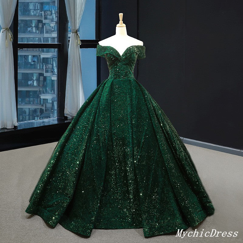 Emerald Green Quinceanera Dresses Sequin Ball Gown Off the Shoulder Wedding Dress MyChicDress