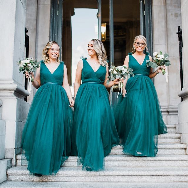 Fall V Neck Emerald Wedding Guest Dresses Tulle Bridesmaid Dresses MyChicDress