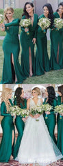 Fall Wedding Guest Dress Emerald Green Bridesmaid Dresses Long Sleeves V Neck MyChicDress