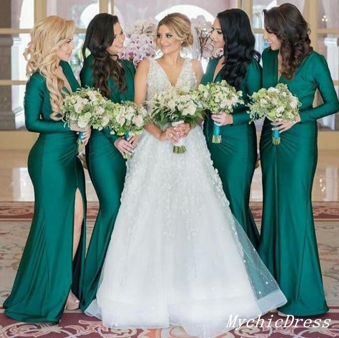 Fall Wedding Guest Dress Emerald Green Bridesmaid Dresses Long Sleeves V Neck MyChicDress