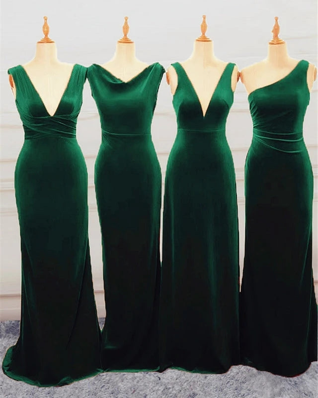 Floor Length Green Velvet Bridesmaid Dresses Mixed Wedding Guest Dress MyChicDress