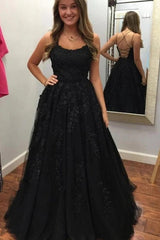 Floor Length Long Black Prom Dresses Lace Spaghetti Straps Evening Gown MyChicDress