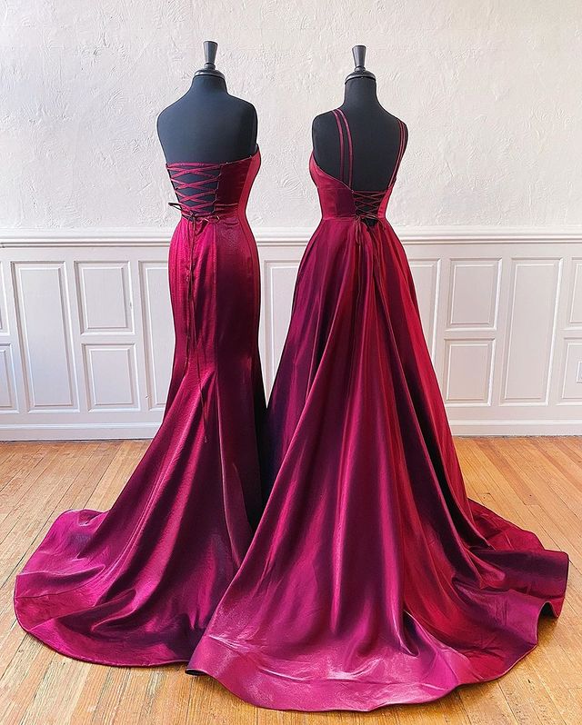 Floor Length Long Satin Burgundy Prom Dresses with Split MyChicDress