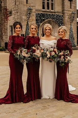 Floor Length Long Sleeves Burgundy Bridesmaid Dresses Lace Mermaid Belt MyChicDress