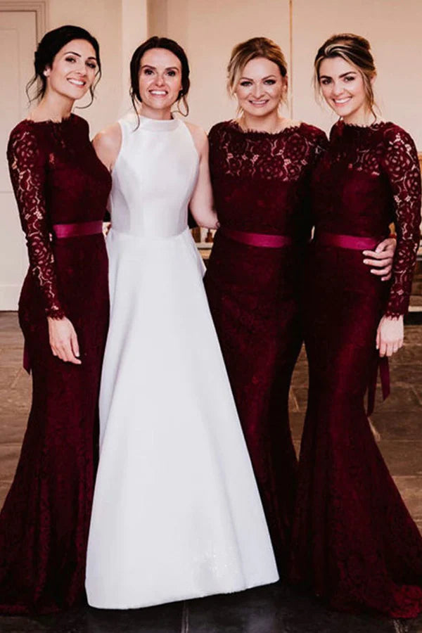 Floor Length Long Sleeves Burgundy Bridesmaid Dresses Lace Mermaid Belt MyChicDress