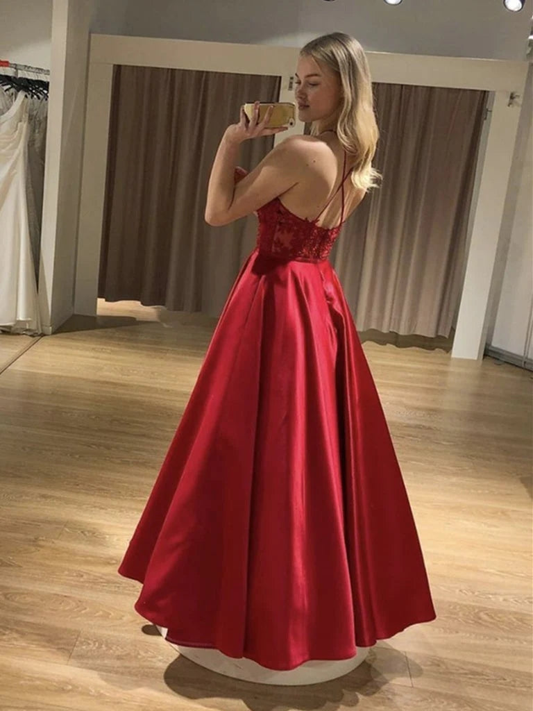 Floor Length Red Lace Prom Dresses Backless Long Evening Dresses MyChicDress