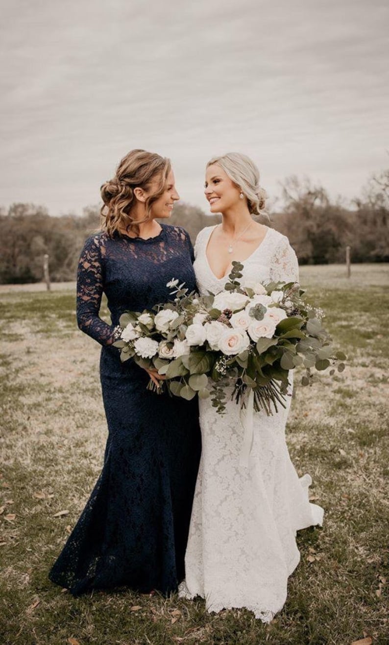 Floor Length Sheath Navy Blue Lace Long Sleeves Bridesmaid Dress Winter Party Dress US2 Same As Picture