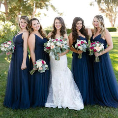 Floor-Length Tulle Navy Blue Bridesmaid Dresses V Neck Dress MyChicDress