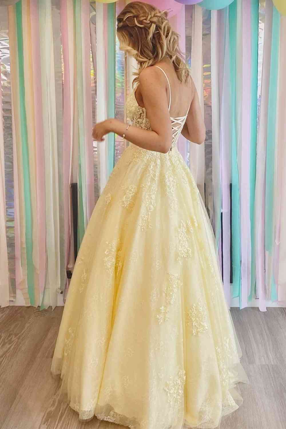 Floor Length Yellow Prom Dresses Lace V-Neck 2024 Long Formal Dresses MyChicDress