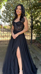 Floor length Long Prom Dresses black Lace Tulle Strapless Evening Dress UK MyChicDress