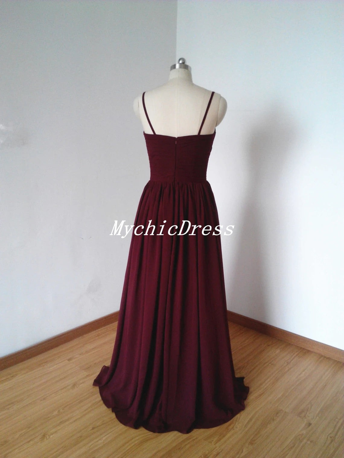 Floor-length Long Chiffon Spaghetti Straps Burgundy Bridesmaid Dresses MyChicDress