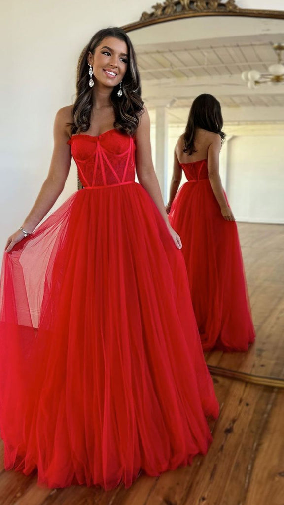 Floor Length 2024 Red Long Prom Dresses Lace Tulle Strapless Evening D Mychicdress 
