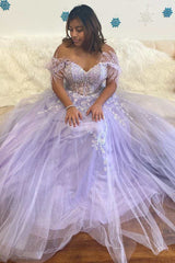 Floral Lavender Prom Dresses Lace Feathers Off-the-Shoulder Evening Gown 2024 MyChicDress