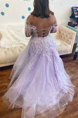 Floral Lavender Prom Dresses Lace Feathers Off-the-Shoulder Evening Gown 2024 MyChicDress