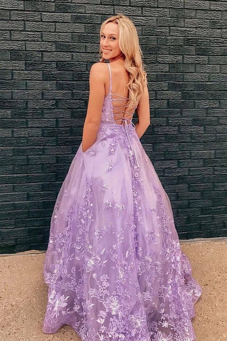 Floral Long Violet Purple Lace Prom Dresses Lilac 2024 Formal Evening Dresses Pockets MyChicDress