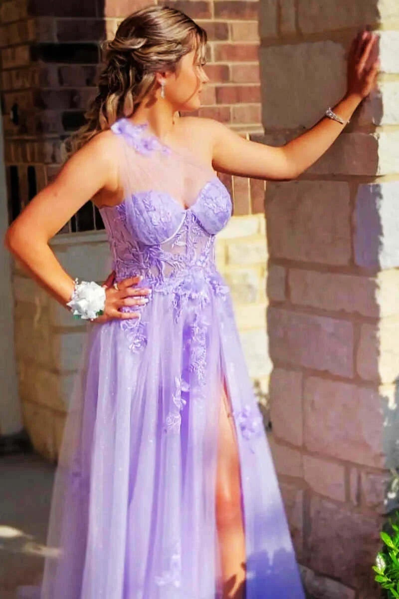 Flowers Lilac 2024 Prom Dresses Lace One Shoulder Applique Sweetheart with Split MyChicDress