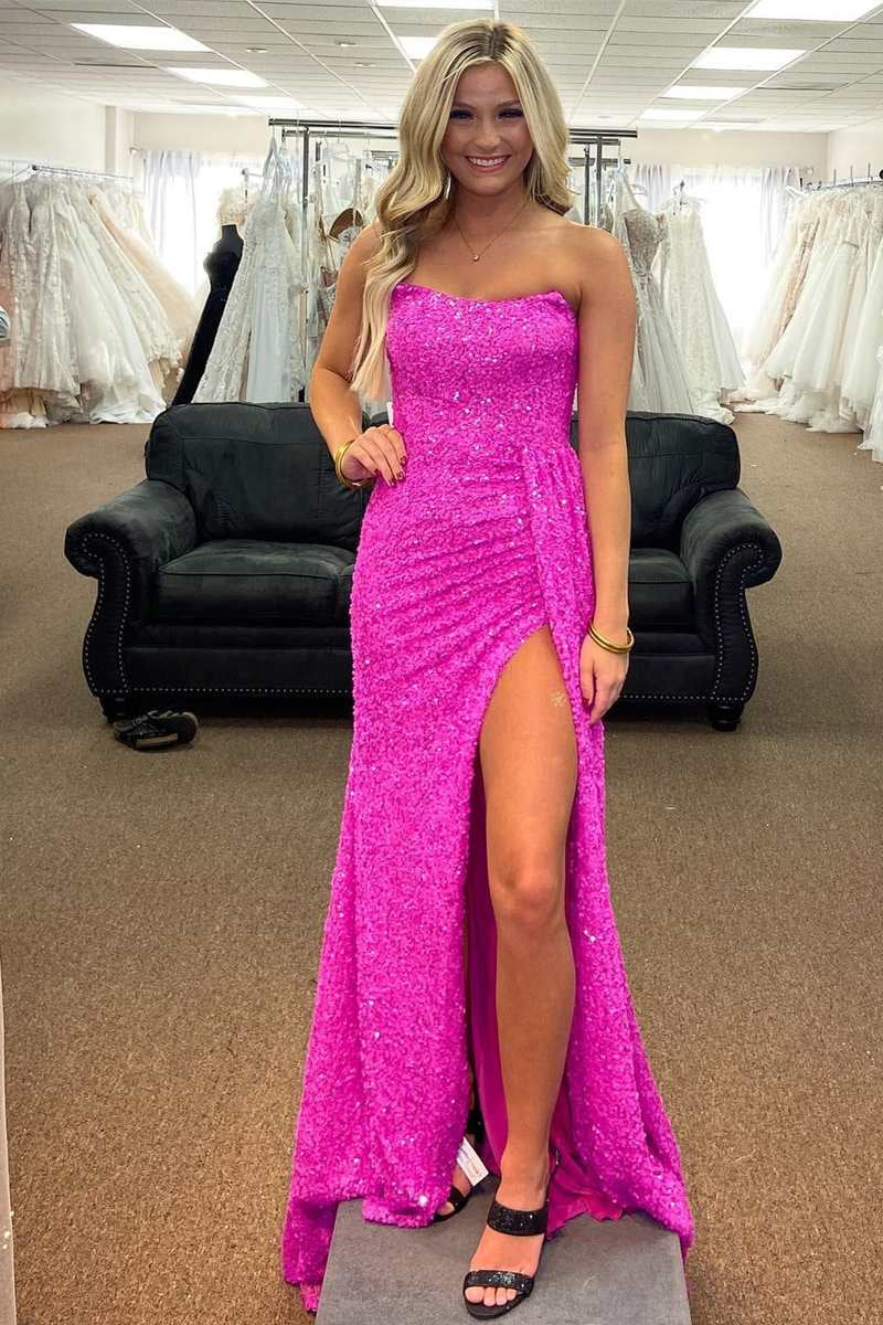 Fuchsia Sequins Long Prom Dresses 2024 Strapless Lace-Up Back with Slit MyChicDress