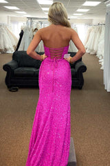 Fuchsia Sequins Long Prom Dresses 2024 Strapless Lace-Up Back with Slit MyChicDress