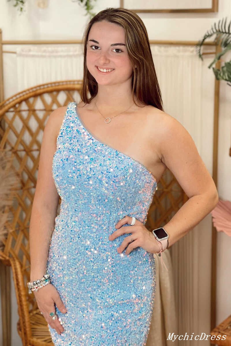 Glitter Light Blue Sequin 2025 Hoco Dresses Tight One Shoulder Cocktail Dress MyChicDress