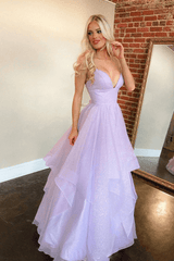 Glitter Purple Tulle Long 20224 Prom Dress Unique V-Neck A-Line Evening Formal Dresses MyChicDress