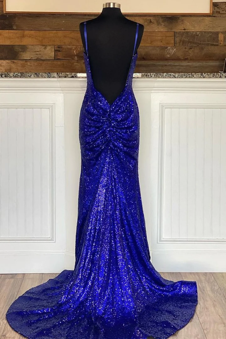 Glitter Royal Blue 2024 Sequins Prom Dresses Regency Backless Mermaid Formal Dress MyChicDress