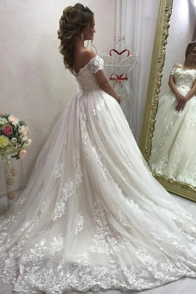 Gorgeous A Line Off the Shoulder Lace Wedding Dresses Tulle Appliques Bridal Gown MyChicDress