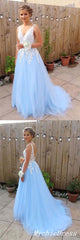 Gorgeous A Line White Lace Light Blue Prom Dress Sleeveless Evening Party Dresses MyChicDress