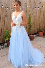 Gorgeous A Line White Lace Light Blue Prom Dress Sleeveless Evening Party Dresses MyChicDress