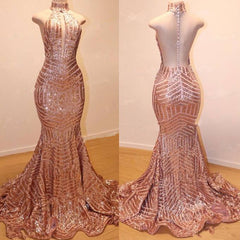 Gorgeous Halter Long Mermaid Champagne Gold Sequin Prom Dresses MyChicDress