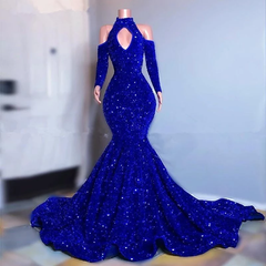 Gorgeous High Neck Long Sleeve Royal Blue Prom Dresses Sequins Party Dress MyChicDress