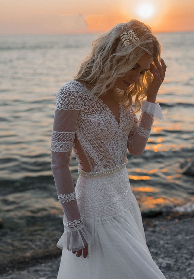 Gorgeous Lace Long Sleeves Boho Wedding Dresses Beach Maxi Dress MyChicDress