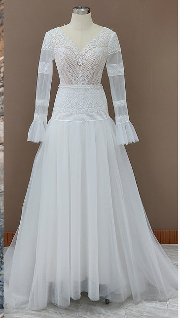 Gorgeous Lace Long Sleeves Boho Wedding Dresses Beach Maxi Dress MyChicDress