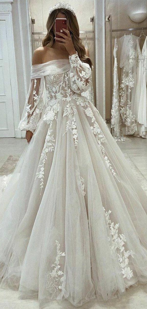 Gorgeous Long Puff Sleeve Beach Tulle Lace Wedding Dresses A Line MyChicDress