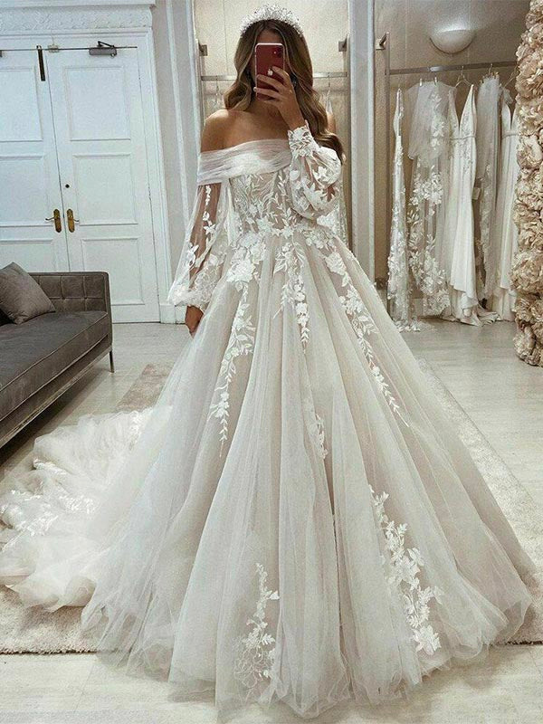 Gorgeous Long Puff Sleeve Beach Tulle Lace Wedding Dresses A Line MyChicDress