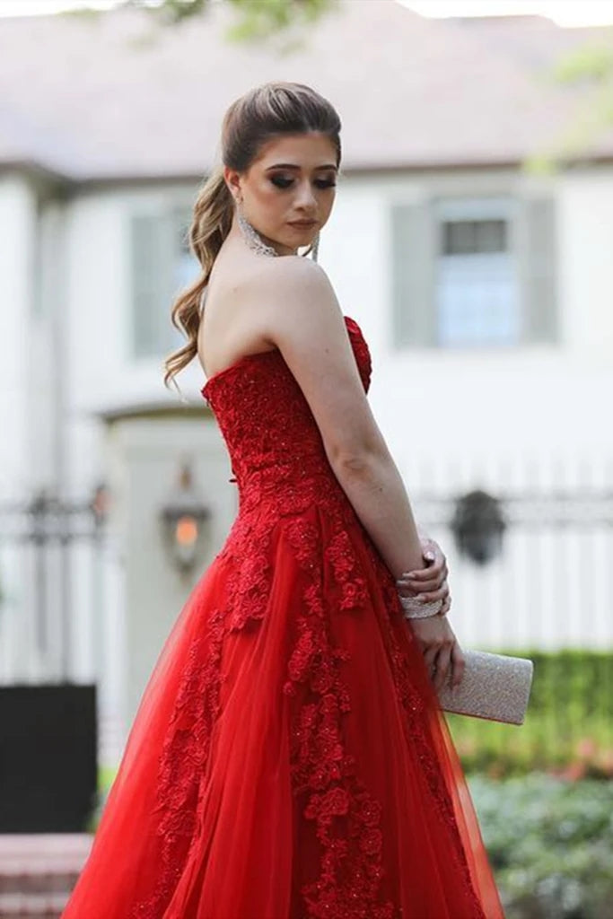 Gorgeous Long Red Lace Prom Dresses Sweetheart Strapless Evening Gown MyChicDress