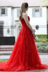 Gorgeous Long Red Lace Prom Dresses Sweetheart Strapless Evening Gown MyChicDress