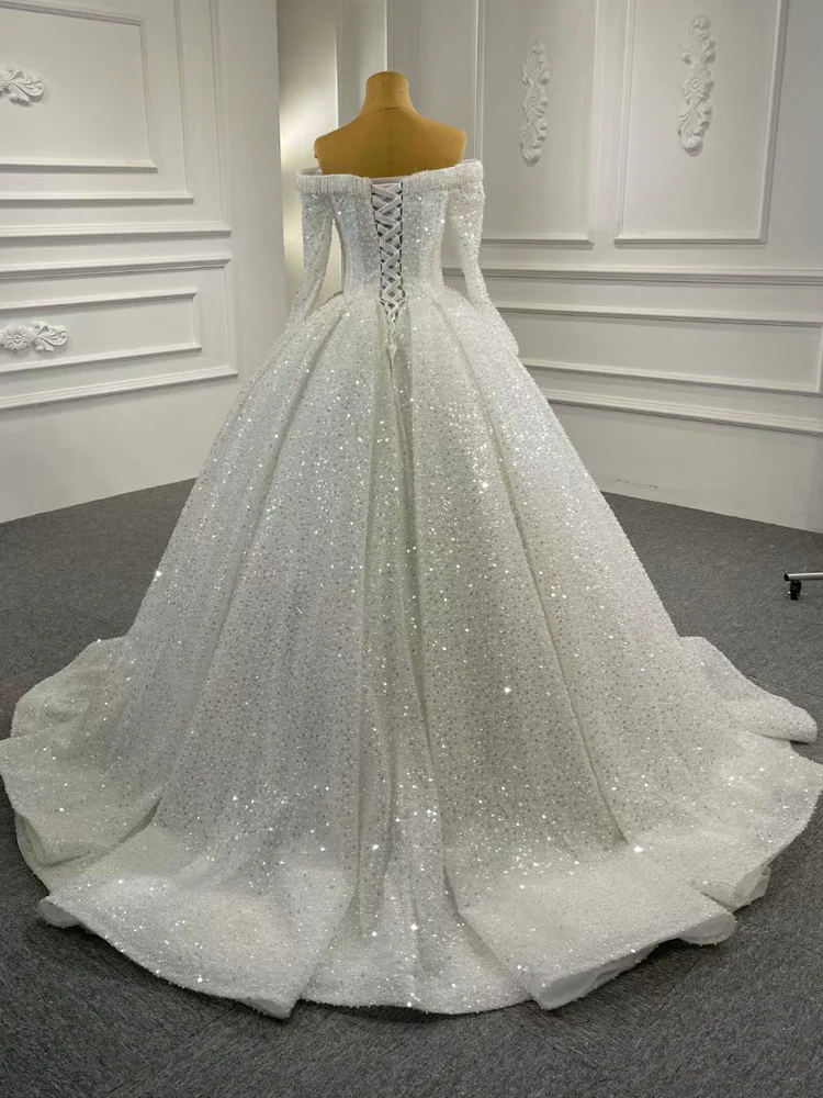 Gorgeous Off the Shoulder Sparkly Ball Gown Sequin Wedding Dresses with Sleeves MyChicDress