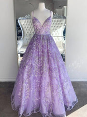 Gorgeous Purple Lace Lilac Prom Dresses V Neck Backless Long Evening Dresses MyChicDress