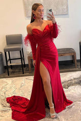 Gorgeous Sweetheart Red Long Prom Dresses 2024 Feathers with Detachable Sleeves MyChicDress