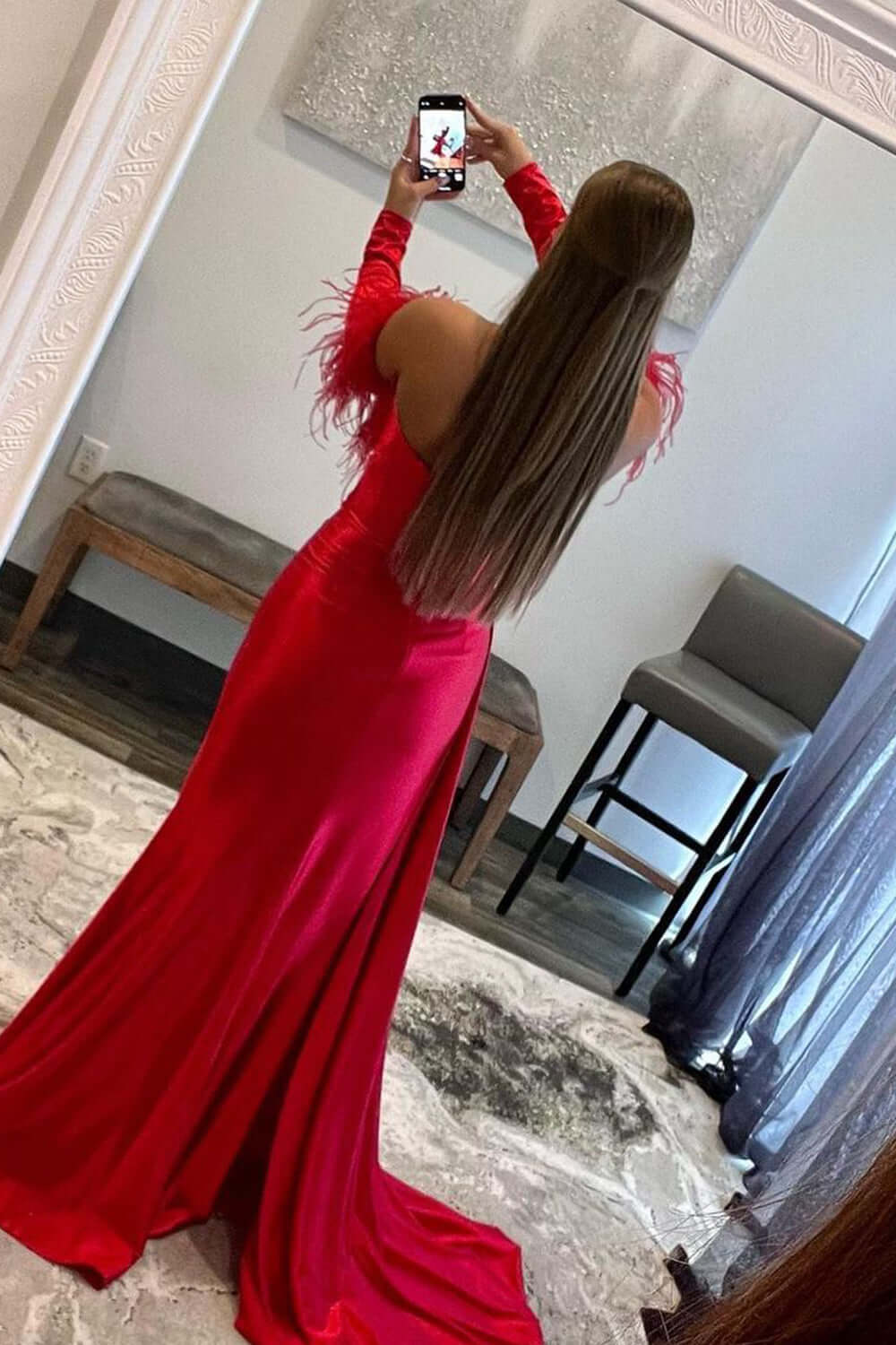 Gorgeous Sweetheart Red Long Prom Dresses 2024 Feathers with Detachable Sleeves MyChicDress