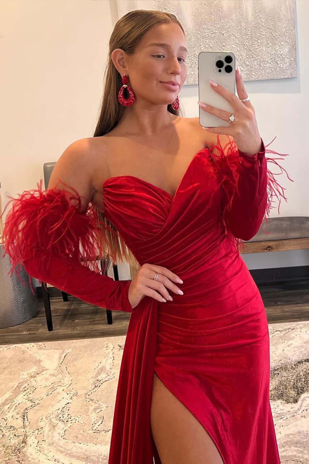 Gorgeous Sweetheart Red Long Prom Dresses 2024 Feathers with Detachable Sleeves MyChicDress