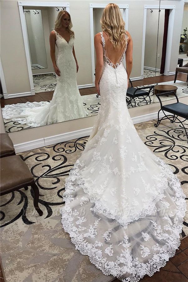 Gorgeous V Neck Backless Straps Mermaid Lace Wedding Dresses MyChicDress