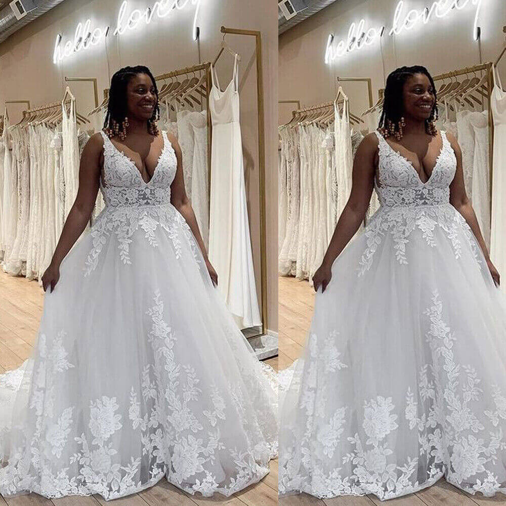 Gorgeous V Neck Beach White Plus Size Wedding Dresses Lace Boho Bridal Dress MyChicDress