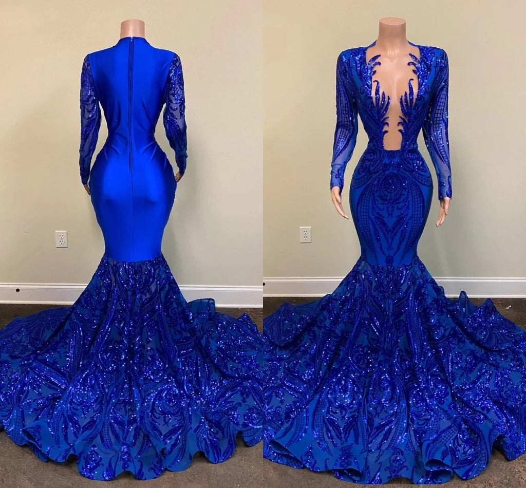 Mermaid Royal Blue Prom Dresses 2024 Long Sleeve Sequin Forma