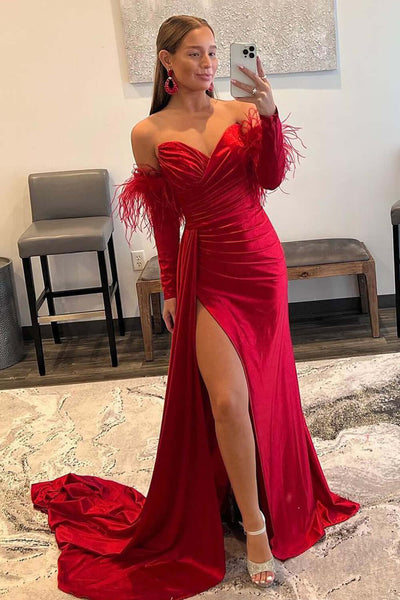 Red Prom Dresses 2024 Off the Shoulder High Slit Long Prom Gown with  Pockets vestidos de fiesta largos elegantes de gala