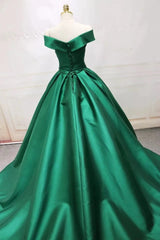 Green Satin Prom Dresses Long Off The Shoulder Ball Gowns Quinceanera Dresses MyChicDress